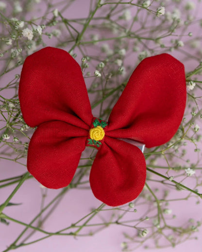 PureCloth Crimson Red Hair Clip-Flutter Bug Embroidered-100% Cotton-For Infants