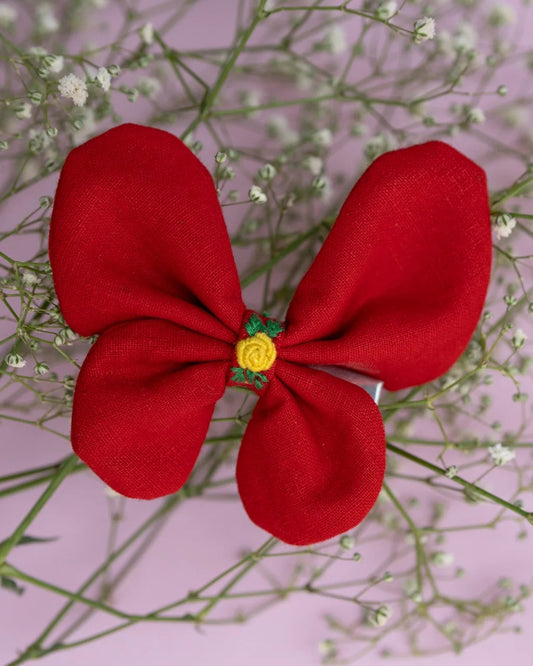 PureCloth Crimson Red Hair Clip-Flutter Bug Embroidered-100% Cotton-For Infants