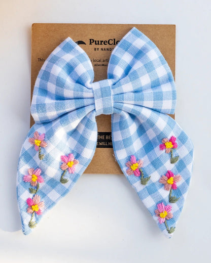PureCloth Blue Hair Clip-Checkered Embroidered-100% Cotton-For Infants