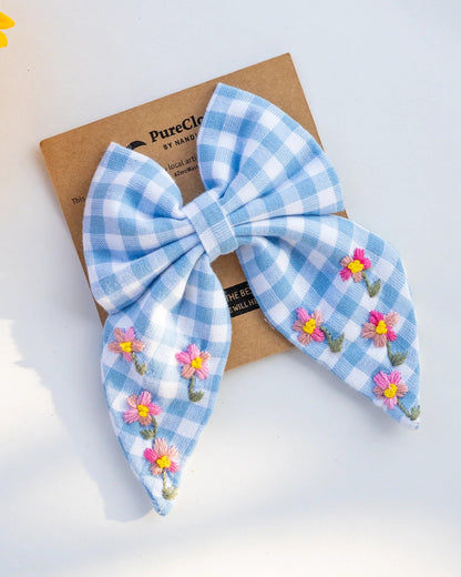 PureCloth Blue Hair Clip-Checkered Embroidered-100% Cotton-For Infants