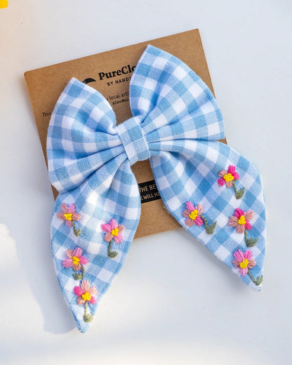 PureCloth Blue Hair Clip-Checkered Embroidered-100% Cotton-For Infants