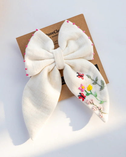 PureCloth Off White Hair Clip-Flower Embroidered-100% Cotton-For Infants
