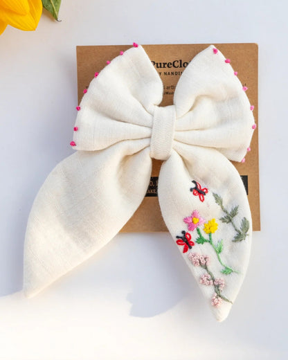 PureCloth Off White Hair Clip-Flower Embroidered-100% Cotton-For Infants