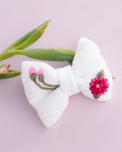 PureCloth White Hair Clip-Flower Embroidered-Cotton-For Infants