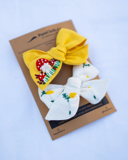 PureCloth Yellow & White Hair Clips-Mushroom Embroidered-Cotton-Pack of 2-For Infants