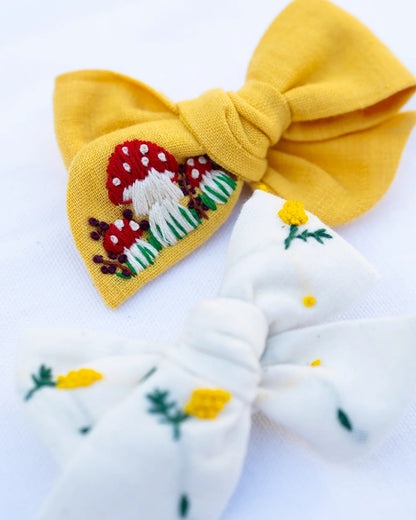 PureCloth Yellow & White Hair Clips-Mushroom Embroidered-Cotton-Pack of 2-For Infants