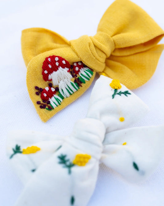 PureCloth Yellow & White Hair Clips-Mushroom Embroidered-Cotton-Pack of 2-For Infants