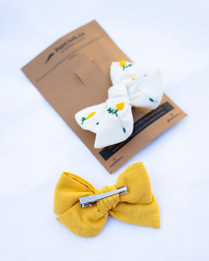 PureCloth Yellow & White Hair Clips-Mushroom Embroidered-Cotton-Pack of 2-For Infants