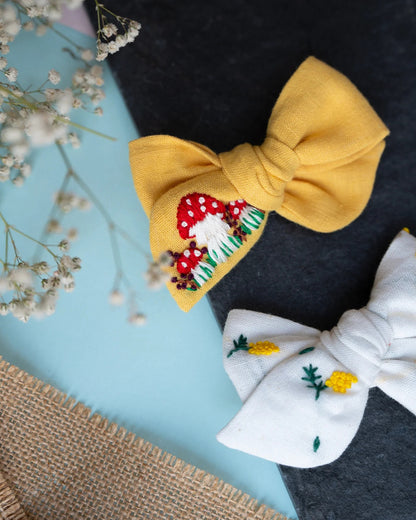 PureCloth Yellow & White Hair Clips-Mushroom Embroidered-Cotton-Pack of 2-For Infants