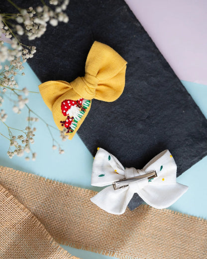 PureCloth Yellow & White Hair Clips-Mushroom Embroidered-Cotton-Pack of 2-For Infants