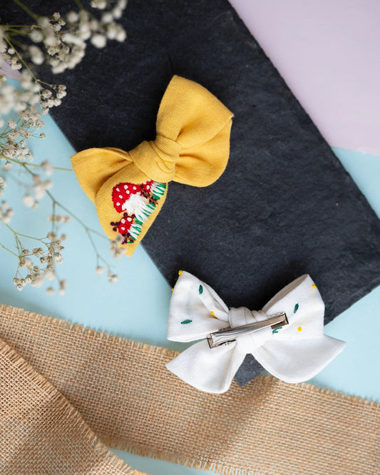 PureCloth Yellow & White Hair Clips-Mushroom Embroidered-Cotton-Pack of 2-For Infants