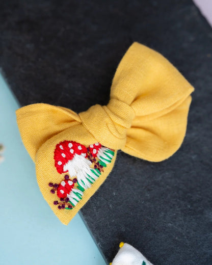 PureCloth Yellow & White Hair Clips-Mushroom Embroidered-Cotton-Pack of 2-For Infants