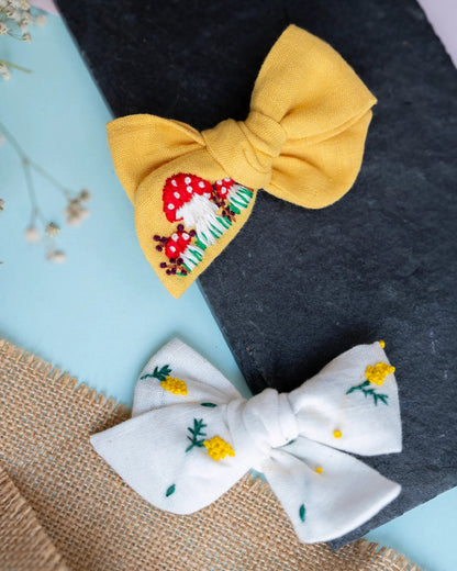 PureCloth Yellow & White Hair Clips-Mushroom Embroidered-Cotton-Pack of 2-For Infants