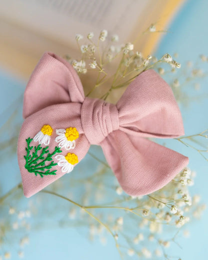 PureCloth Pastel Pink Hair Clip-Flower Embroidered-100% Cotton-For Infants