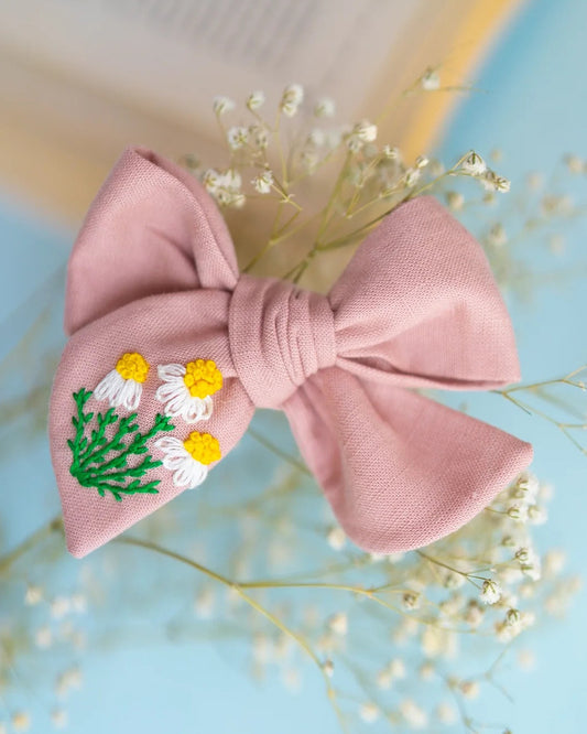 PureCloth Pastel Pink Hair Clip-Flower Embroidered-100% Cotton-For Infants