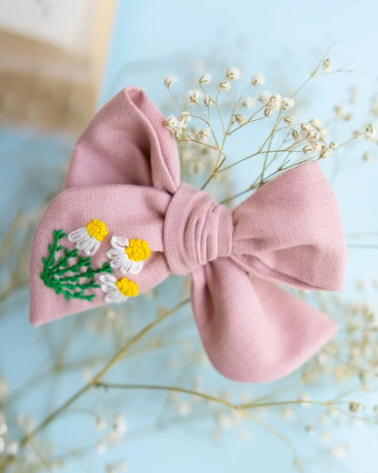 PureCloth Pastel Pink Hair Clip-Flower Embroidered-100% Cotton-For Infants