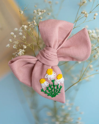 PureCloth Pastel Pink Hair Clip-Flower Embroidered-100% Cotton-For Infants