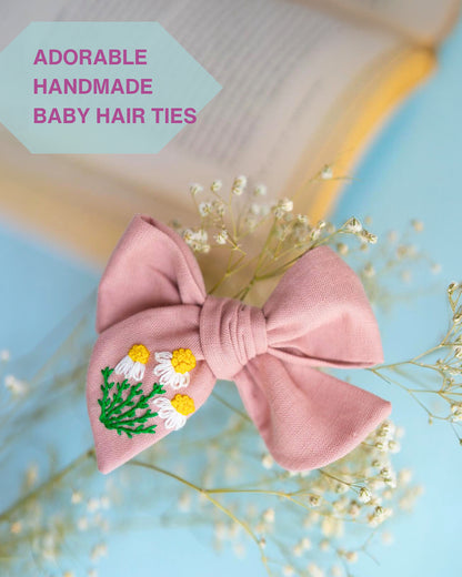 PureCloth Pastel Pink Hair Clip-Flower Embroidered-100% Cotton-For Infants