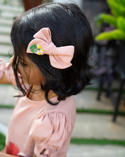 PureCloth Pastel Pink Hair Clip-Flower Embroidered-100% Cotton-For Infants