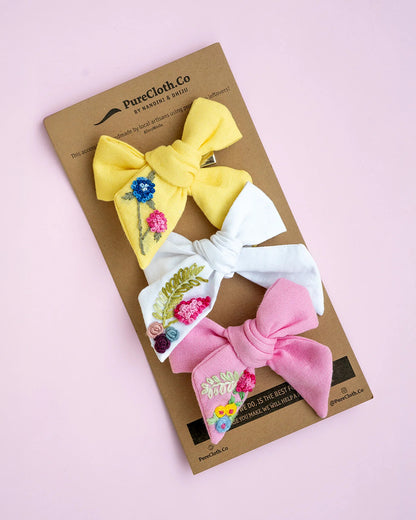 PureCloth Yellow & Pink Hair Clip-Flower Embroidered-Organic Cotton-Pack of 3-For Infants