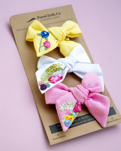 PureCloth Yellow & Pink Hair Clip-Flower Embroidered-Organic Cotton-Pack of 3-For Infants