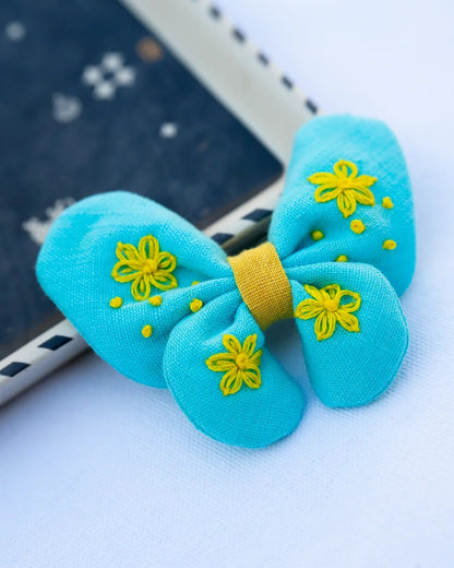 PureCloth Turquoise Blue Hair Clip-Butterfly Embroidered-Organic Cotton-For Infants
