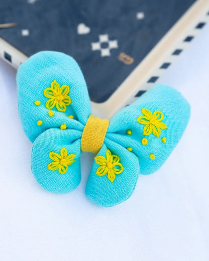 PureCloth Turquoise Blue Hair Clip-Butterfly Embroidered-Organic Cotton-For Infants