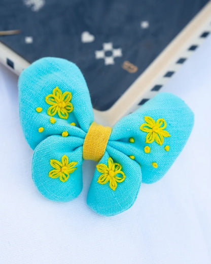 PureCloth Turquoise Blue Hair Clip-Butterfly Embroidered-Organic Cotton-For Infants