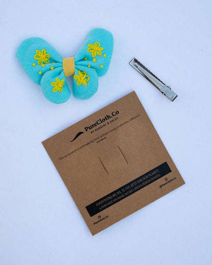 PureCloth Turquoise Blue Hair Clip-Butterfly Embroidered-Organic Cotton-For Infants