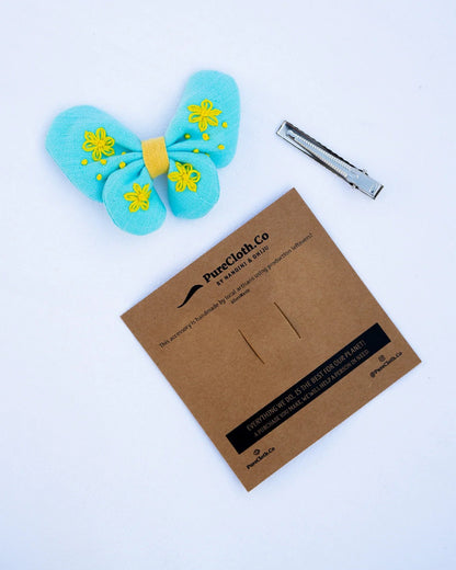 PureCloth Turquoise Blue Hair Clip-Butterfly Embroidered-Organic Cotton-For Infants
