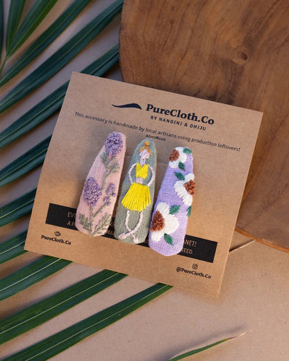 PureCloth Multicolor Hair Clips-Embroidered-Linen-Pack of 3-For Infants