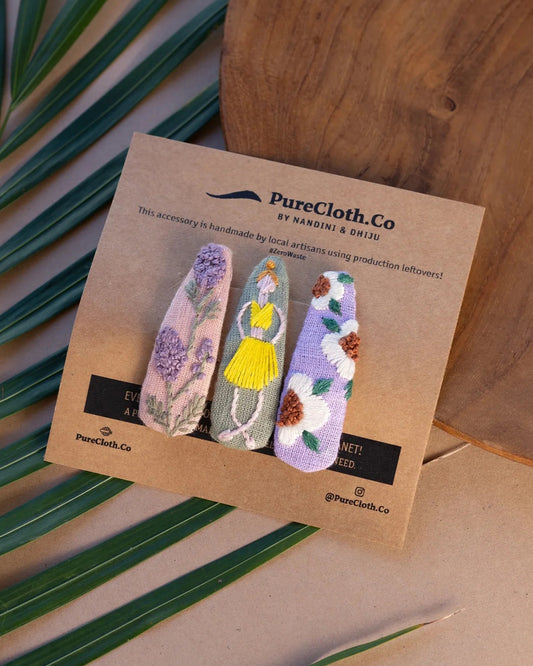 PureCloth Multicolor Hair Clips-Embroidered-Linen-Pack of 3-For Infants