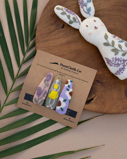 PureCloth Multicolor Hair Clips-Embroidered-Linen-Pack of 3-For Infants