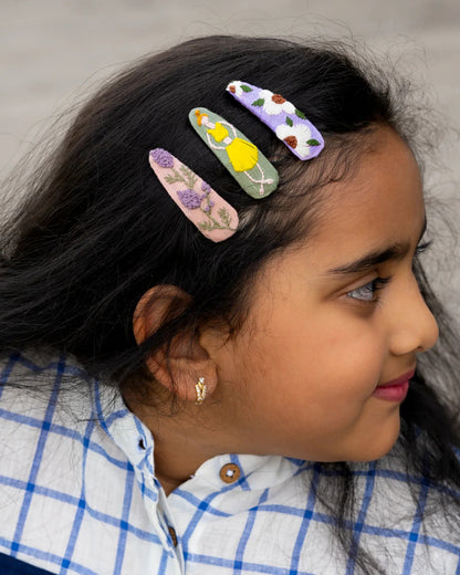 PureCloth Multicolor Hair Clips-Embroidered-Linen-Pack of 3-For Infants