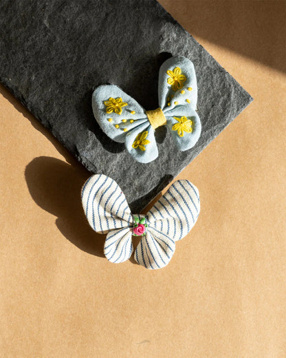 PureCloth Blue & White Hair Clips-Striped & Embroidered-100% Organic Cotton-Pack of 2-For Infants