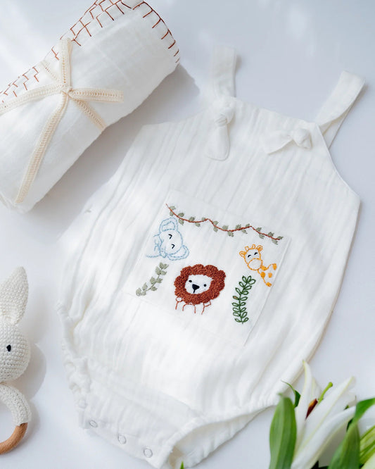 PureCloth Little Meadows Baby Boy Gift Set with Cotton Romper and Swaddle-Newborn Essential Gift Set For Baby Shower-Pack of 3-White