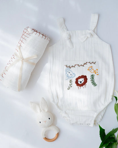PureCloth Little Meadows Baby Boy Gift Set with Cotton Romper and Swaddle-Newborn Essential Gift Set For Baby Shower-Pack of 3-White