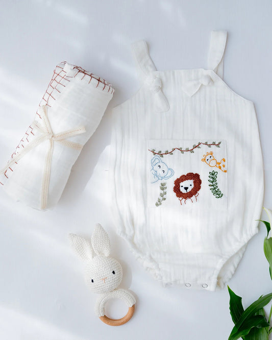 PureCloth Little Meadows Baby Boy Gift Set with Cotton Romper and Swaddle-Newborn Essential Gift Set For Baby Shower-Pack of 3-White