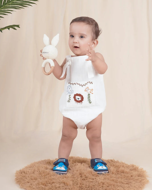 PureCloth Little Meadows Baby Boy Gift Set with Cotton Romper and Swaddle-Newborn Essential Gift Set For Baby Shower-Pack of 3-White
