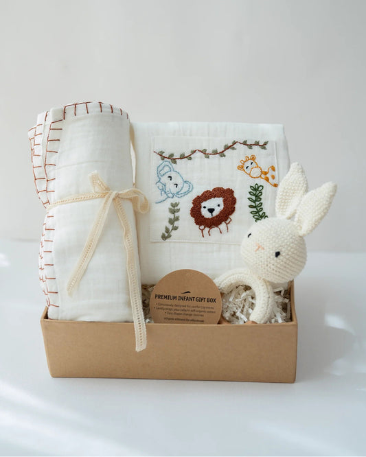 PureCloth Little Meadows Baby Boy Gift Set with Cotton Romper and Swaddle-Newborn Essential Gift Set For Baby Shower-Pack of 3-White