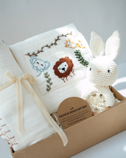 PureCloth Little Meadows Baby Boy Gift Set with Cotton Romper and Swaddle-Newborn Essential Gift Set For Baby Shower-Pack of 3-White