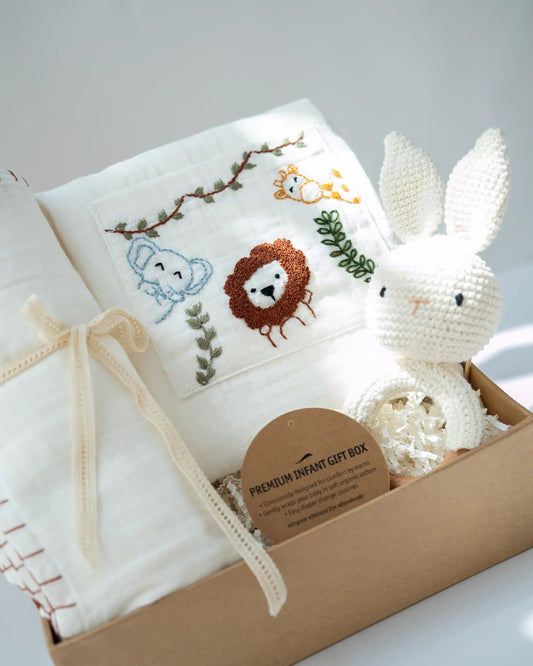 PureCloth Little Meadows Baby Boy Gift Set with Cotton Romper and Swaddle-Newborn Essential Gift Set For Baby Shower-Pack of 3-White