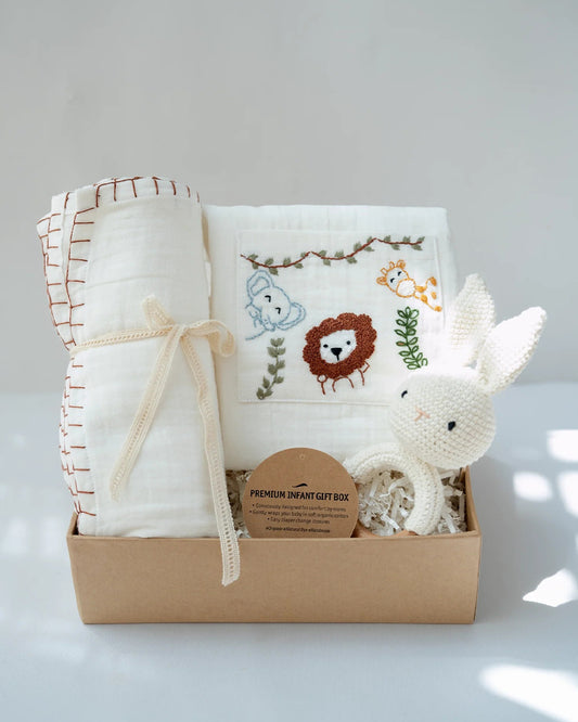 PureCloth Little Meadows Baby Boy Gift Set with Cotton Romper and Swaddle-Newborn Essential Gift Set For Baby Shower-Pack of 3-White