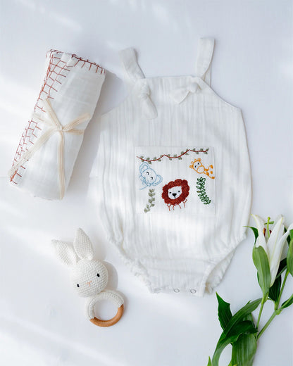 PureCloth Little Meadows Baby Boy Gift Set with Cotton Romper and Swaddle-Newborn Essential Gift Set For Baby Shower-Pack of 3-White