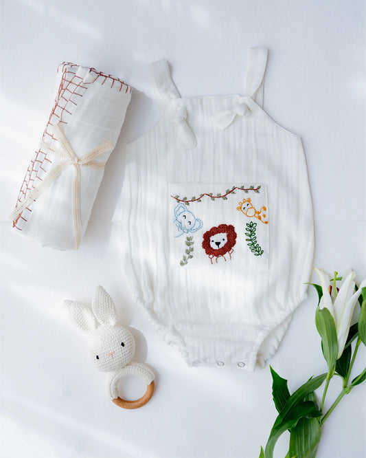 PureCloth Little Meadows Baby Boy Gift Set with Cotton Romper and Swaddle-Newborn Essential Gift Set For Baby Shower-Pack of 3-White