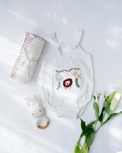 PureCloth Little Meadows Baby Boy Gift Set with Cotton Romper and Swaddle-Newborn Essential Gift Set For Baby Shower-Pack of 3-White