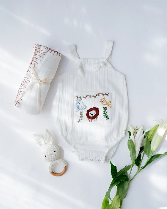 PureCloth Little Meadows Baby Boy Gift Set with Cotton Romper and Swaddle-Newborn Essential Gift Set For Baby Shower-Pack of 3-White