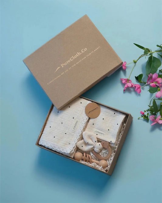 PureCloth The Little Nest Gift Set-Newborn Essential Gift Set For Baby Shower-Pack of 6-Polka-Off White