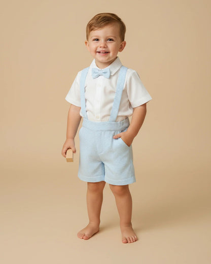PureCloth Light Blue & White Shirt with Suspender Set-Checkered-Cotton-For Infants