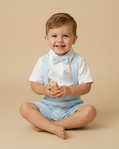 PureCloth Light Blue & White Shirt with Suspender Set-Checkered-Cotton-For Infants